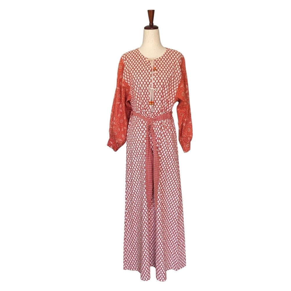 Vintage 70s Sandcastle Cotton Print Maxi Dress Coverup Boho Hippie Beaded Ties